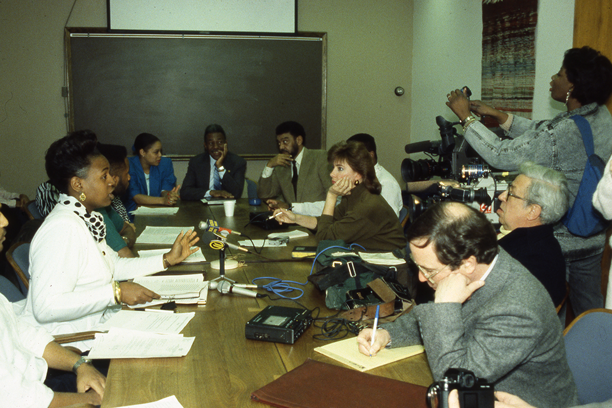Following a meeting with CMU administrators, students hold a press conference to discuss Black students' concerns, March 1989.