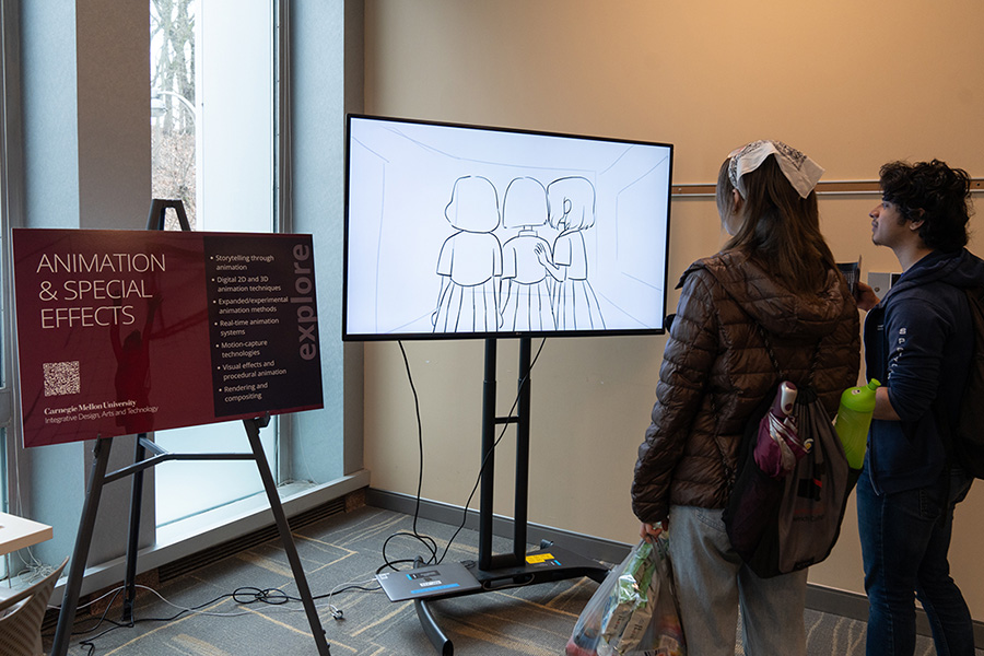 Students watch animation from Associate Professor of Art Johannes DeYoung's storyboard development course.