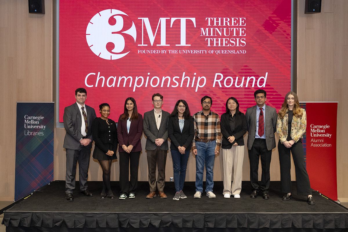 2024 3MT finalists (L-R): Benjamin Glaser, Waku Ken-Opurum, Kriti Kacker, Jeremiah Milbauer, Sampada Acharya, Vishnu Raghuraman, Wenzhuo Xu, Arish Alreja, Nicole C. Auvil.