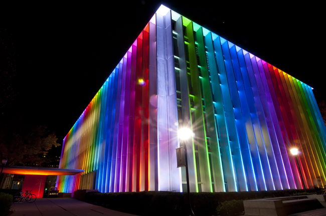 Hunt Library at night with rainbow lights.
