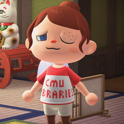 CMU Libraries t-shirt on Animal Crossings character