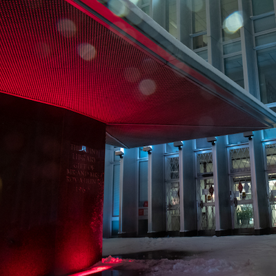 Hunt Library entrance in the snow