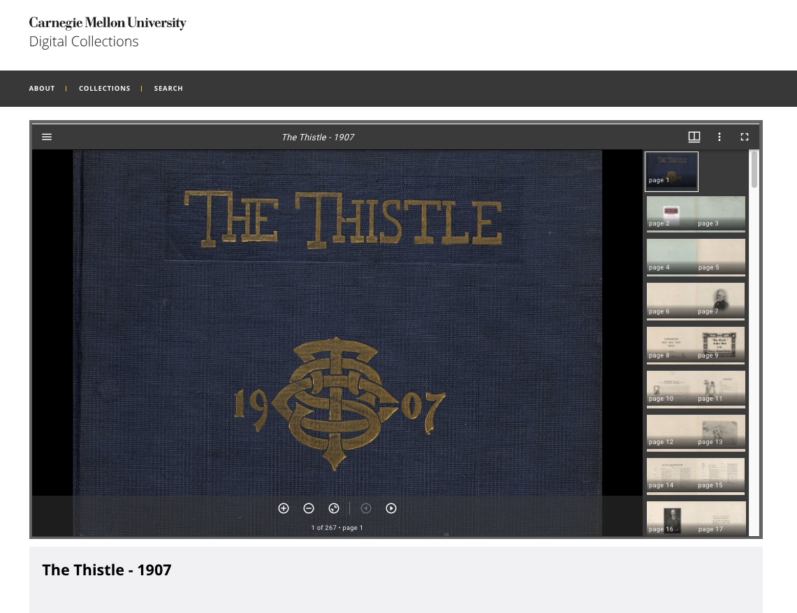 Islandora 8 enables users to “page” through editions of The Thistle yearbook collection, campus news publications, and special collections and use an image viewer to examine them closely.