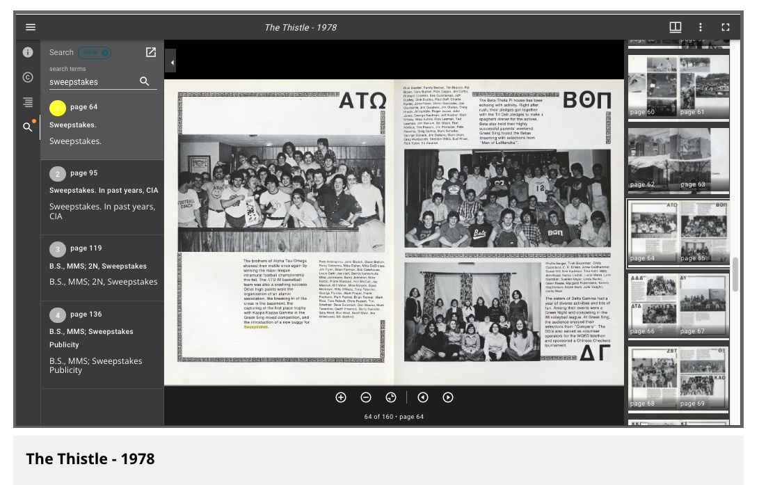 Research on old editions of The Thistle used to require a time-consuming manual search. Islandora 8 can now retrieve every mention of a search term in a yearbook in a matter of seconds.