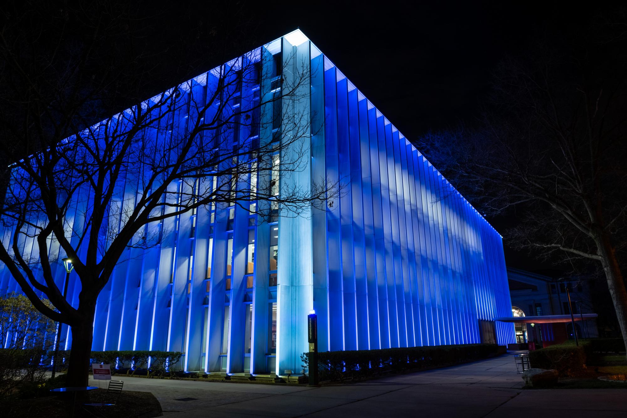 Hunt Library blue exterior lights 