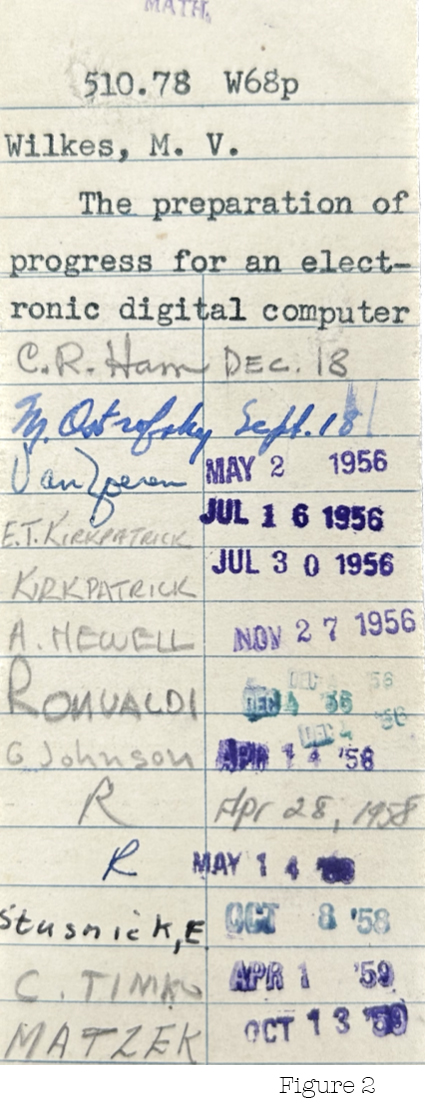 Library card of The Preparation of Programs for an Electronic Digital Computer (Cambridge, 1951), the first printed book on computer programming. 