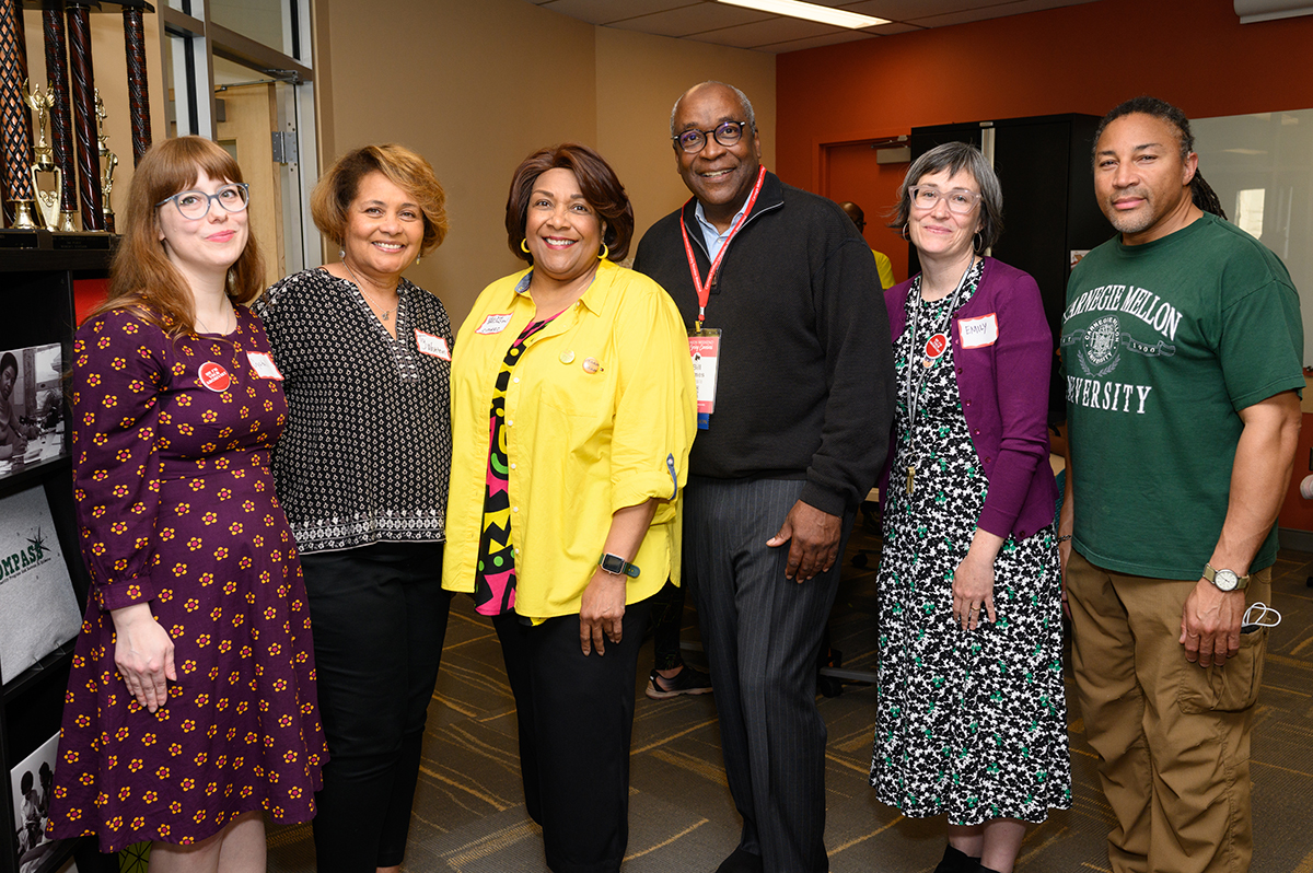 L-R: Community Collections Processing Archivist Crystal Johnson, Ty Walton, Velda Brunson, Bill James (TPR 1978), Collections Archivist Emily Davis, and Bob Patterson (E 1989)