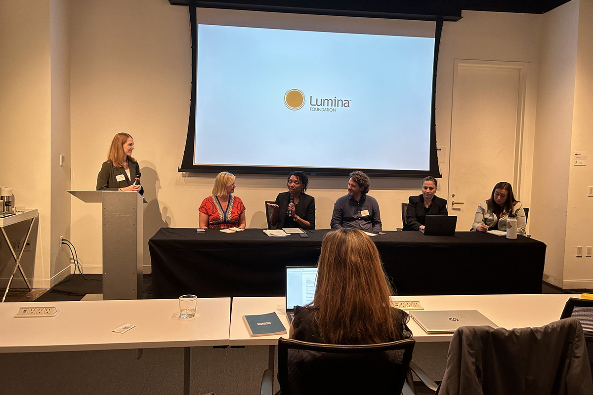 Portlock speaks on the panel with Hiniker at the OECD-Lumina Foundation side-event during the High-level Political Forum in New York City.