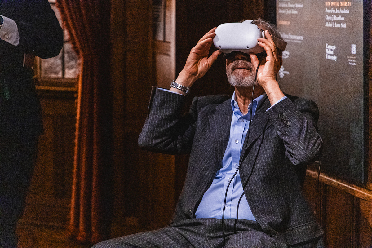 Greenblatt interacting with the VR Shakespeare experience (photo credit: Seth Culp-Ressler, The Frick Pittsburgh)