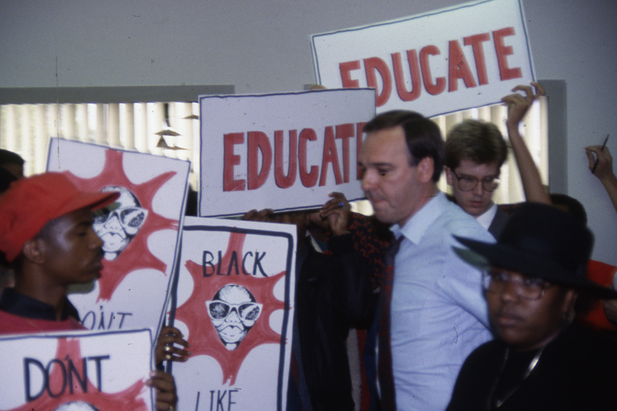 Black students in the office of Associate Dean of Student Affairs, Lois Cox, October 1988