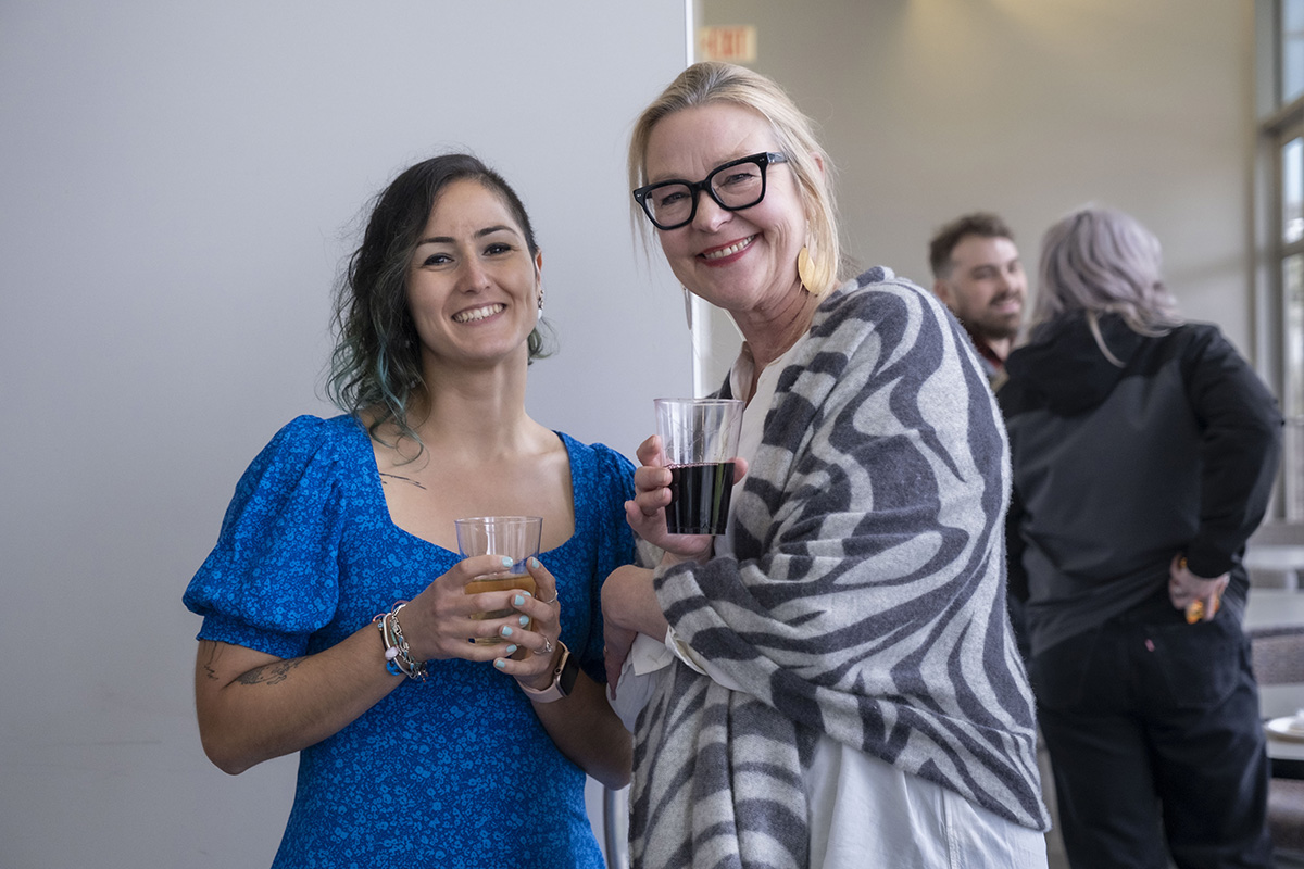 Uğur and Harger pose for a photo at the reception. For Uğur, who took Harger’s improvisational acting courses at the ETC as a student, the event was a reunion.