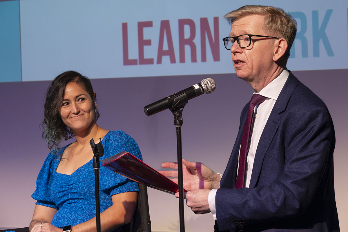 Dean Keith Webster congratulates Göksu Uğur on her induction into the Class of 2024 Tartans on the Rise at the start of the Q&A. Tartans on the Rise celebrates recent Carnegie Mellon alumni who are making an impact in their organizations and in their communities through leadership, innovation and career achievements.