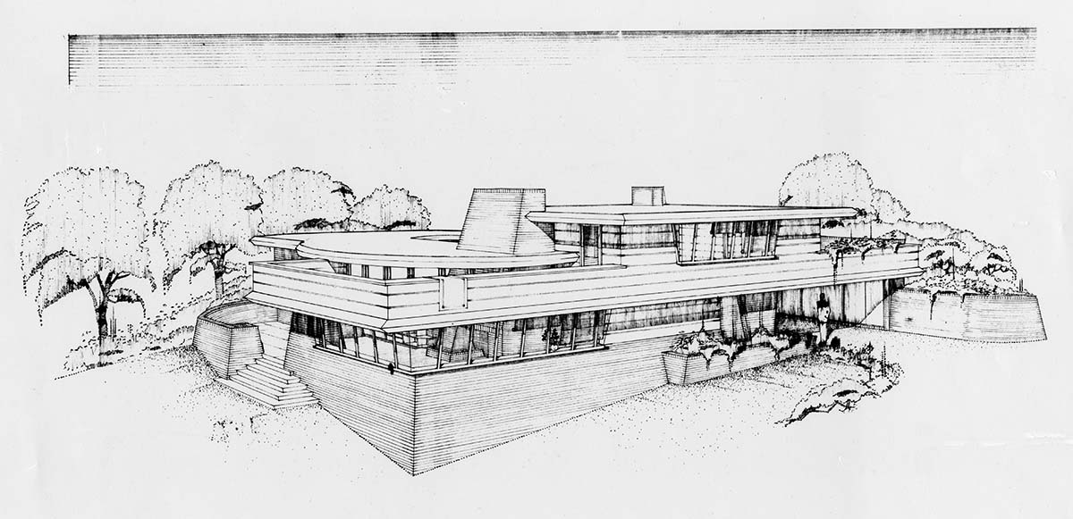 Perspective sketch, Steinberg House, Peter Berndtson and Cornelia Brierly, 1951-1952, Carnegie Mellon University Architecture Archives.