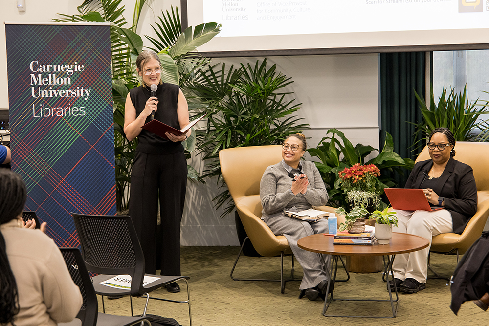 Libraries Associate Dean for Academic Engagement Nicky Agate welcomes attendees to the event with her opening remarks.