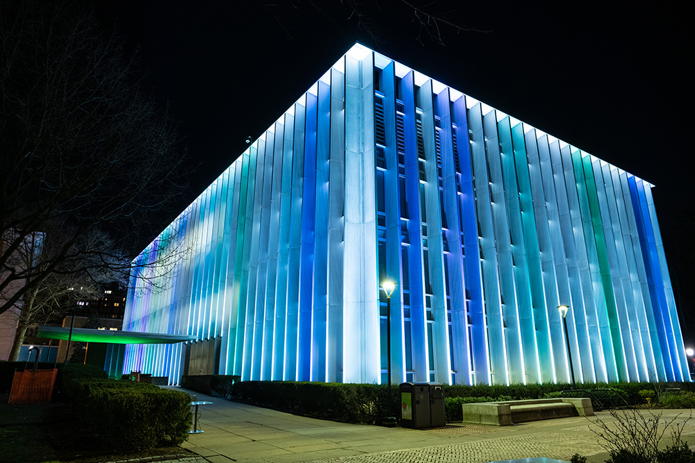 Hunt Library with blue exterior lights