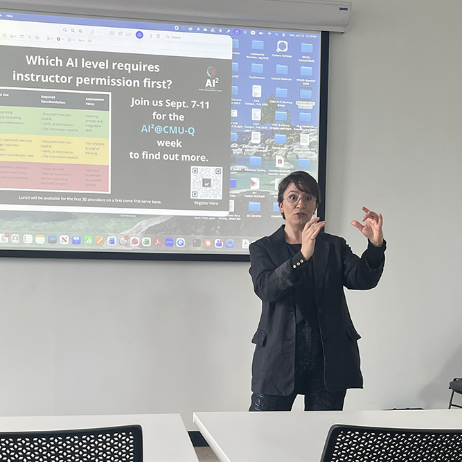 Reya Saliba, instruction and outreach librarian at Carnegie Mellon University in Qatar, presents the award-winning AI²@CMU-Q initiative to colleagues at Hunt Library on CMU's Pittsburgh campus.