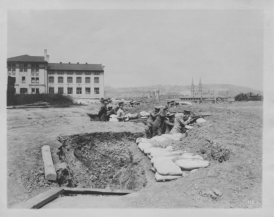 Campus Trenches, 1918. To prepare students and soldiers for the type of war they would face in France engineering students learned to construct trenches on campus which were then used for rifle training. World War I Records Carnegie Mellon University Archives.