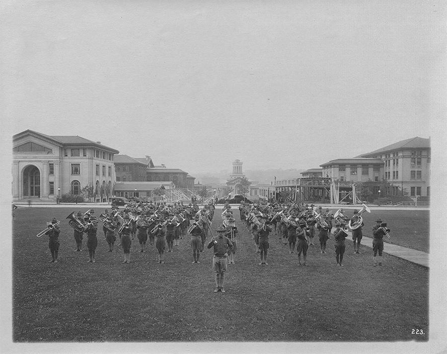 The Tooters, 1918. The American Expeditionary Force operated over 200 bands in France with approximately 7500 musicians in total. To help train these musicians Carnegie Tech operated the only Band Musician program outside of the Army’s school at Fort Jay New York. Tech trained two fifty-person bands before the war ended. World War I Records Carnegie Mellon University Archives.