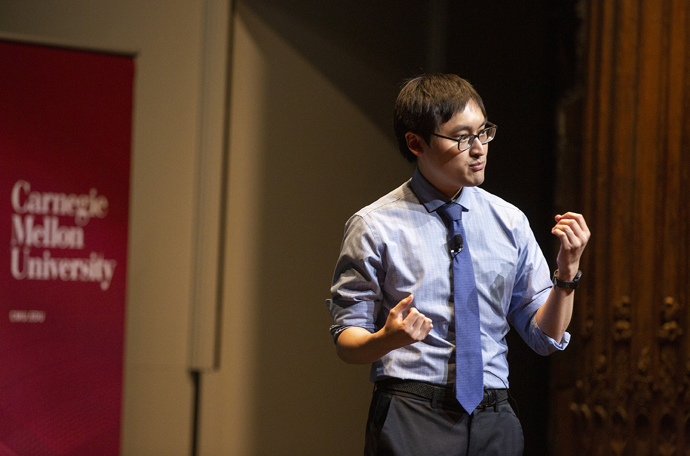 2nd place winner, Maxwell B. Wang, presents his thesis. 