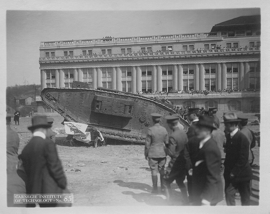 Tank Britannia, 1918. Tank Britannia―a retired British tank―toured the country to raise money for the war by selling Liberty Bonds. On April 27th the tank undertook public demonstrations on Carnegie Tech’s campus. The next day an estimated 100000 people came to Flagstaff Hill next to campus in the Oakland neighborhood of Pittsburgh to view the tank and hear speeches. World War I Records Carnegie Mellon University Archives.
