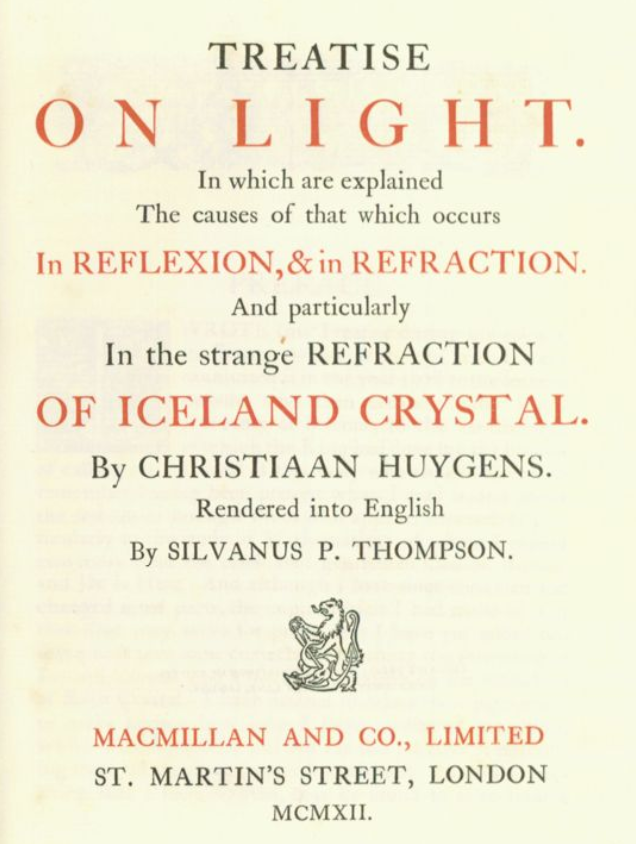 The title page to Sylvanus Thompson’s translation of the Treatise on Light.