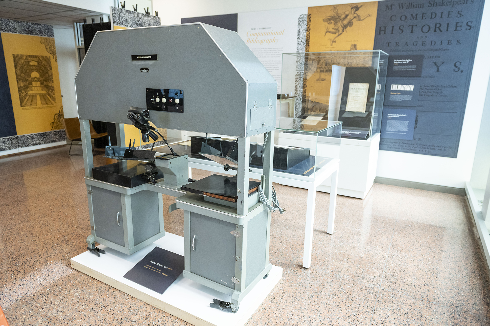 Installation view of "Inventing Shakespeare" with Hinman Collator.