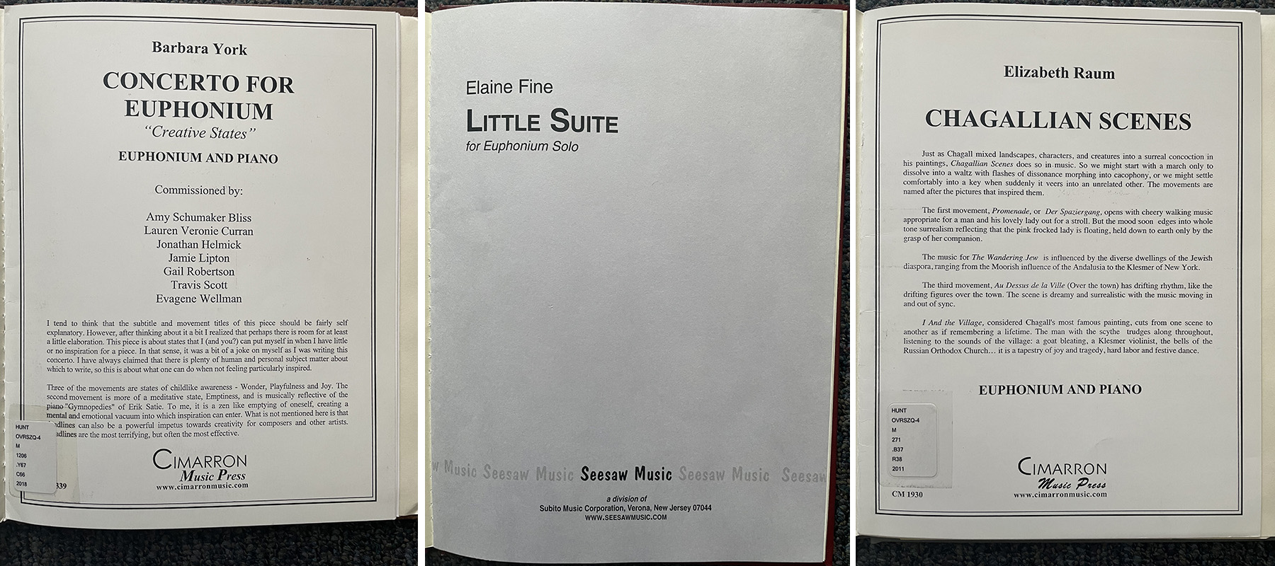 Three music book covers: Concerto for Euphonium, Little Suite, and Chagallian Scenes