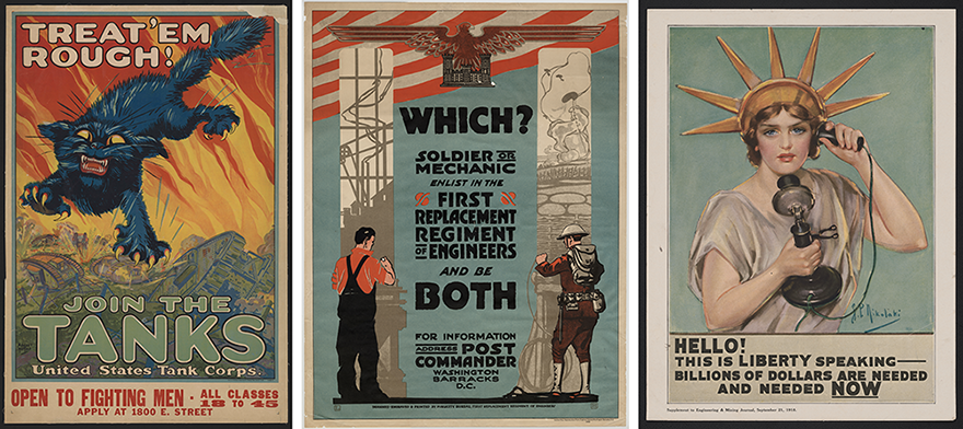 World War I was the first widespread use of government propaganda. These colorful propaganda posters were plastered across buildings in cities and towns urging individuals to join the military, purchase Liberty Bonds, or conserve food. In addition to celebrating the American war effort they vilified and dehumanized “the Hun” a pejorative used by the British and Americans to describe German soldiers. All posters courtesy of the Library of Congress and the National World War I Museum.