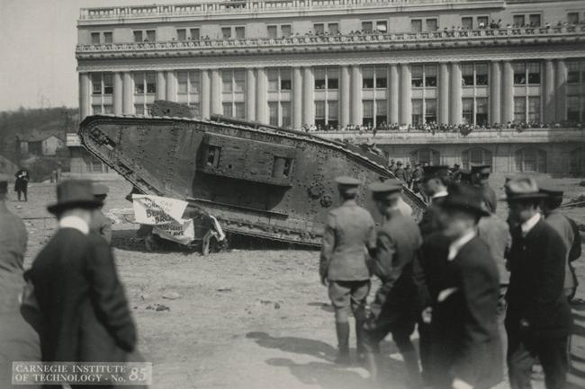 A demonstration of a British Mark V tank is given to soldiers and civilians on the campus of the Carnegie Institute of Technology.